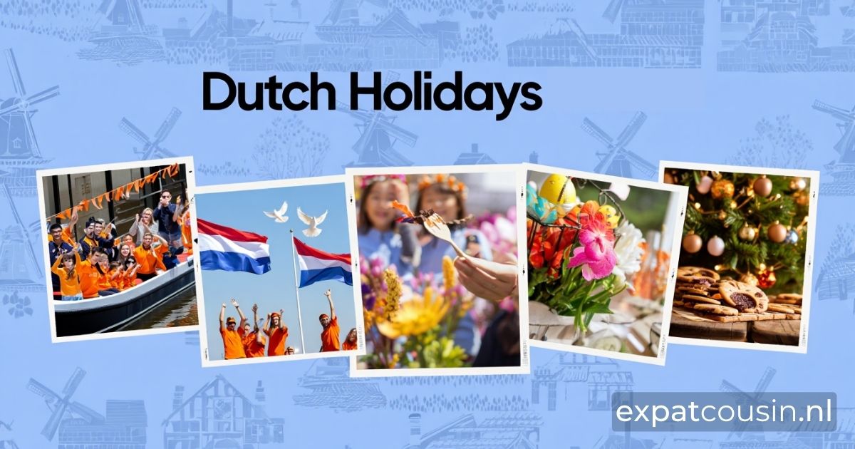 Collage of Dutch holidays 2026: King's Day boats, Dutch flags, Liberation Day doves, flower festival, Easter eggs, and Christmas tree. Background with windmill sketches. 