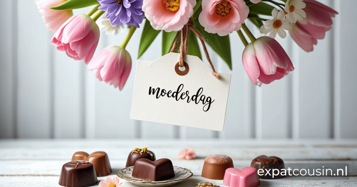 A bouquet of flowers and chocolates on a wooden table with a tag saying happy mothersday.