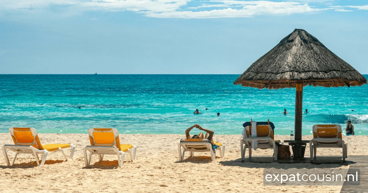 Beach chairs and umbrellas on the beach with calm light blue waters in the background.